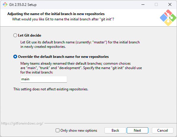 Git for Windows installer — Override the default branch name