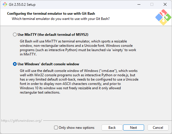 Git for Windows installer — Configuring the terminal emulator