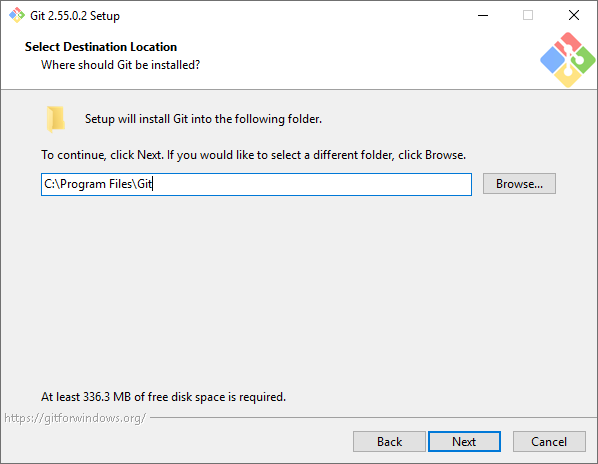 Git for Windows installer — Select Destination Location