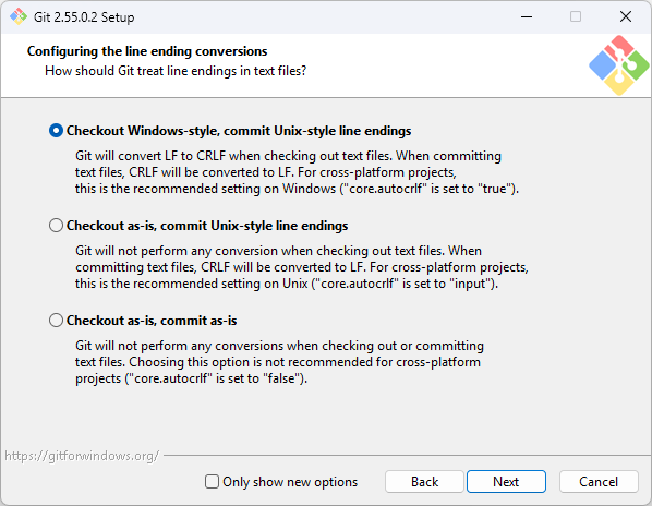 Git for Windows installer — Configuring the line ending conversions