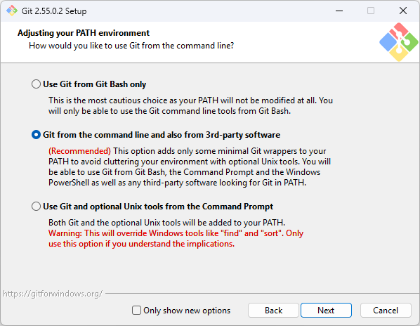 Git for Windows installer — Adjusting your PATH environment