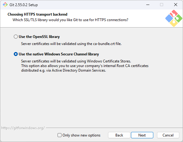 Git for Windows installer — Choosing HTTPS transport backend