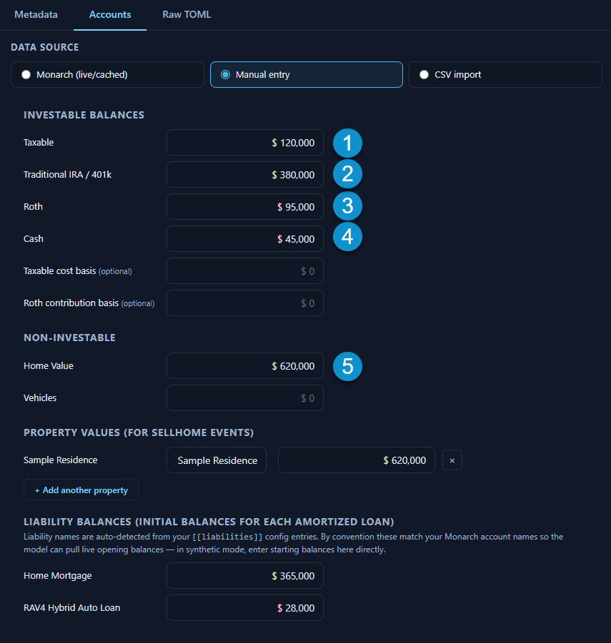 Manual Entry form in the Setup Panel