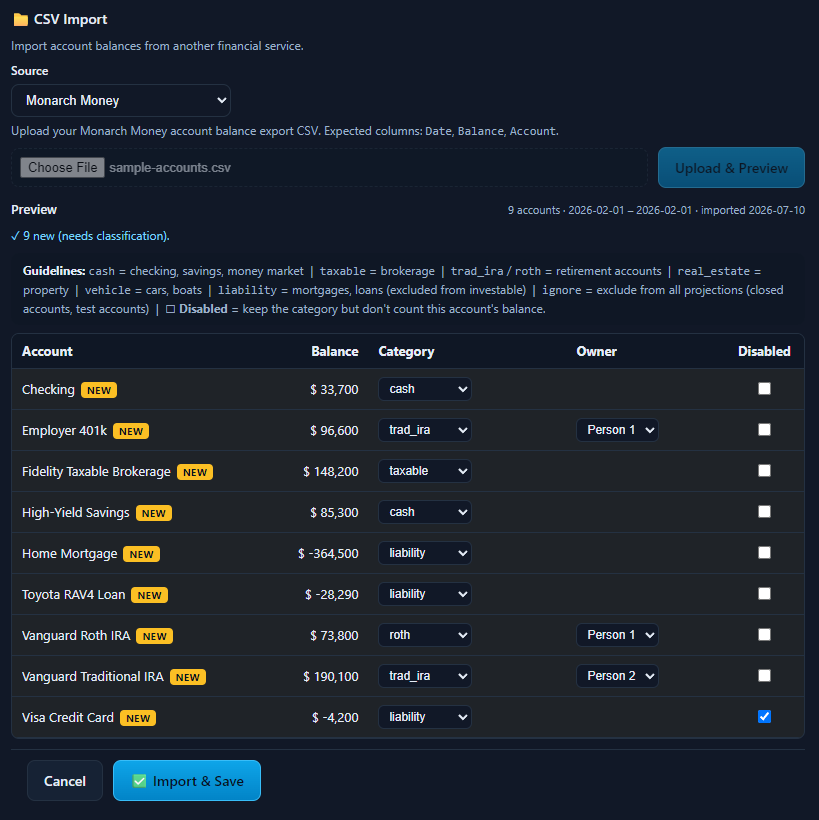 CSV import preview in the Setup Panel showing the file upload, parsed account list with category and owner dropdowns, and Source column